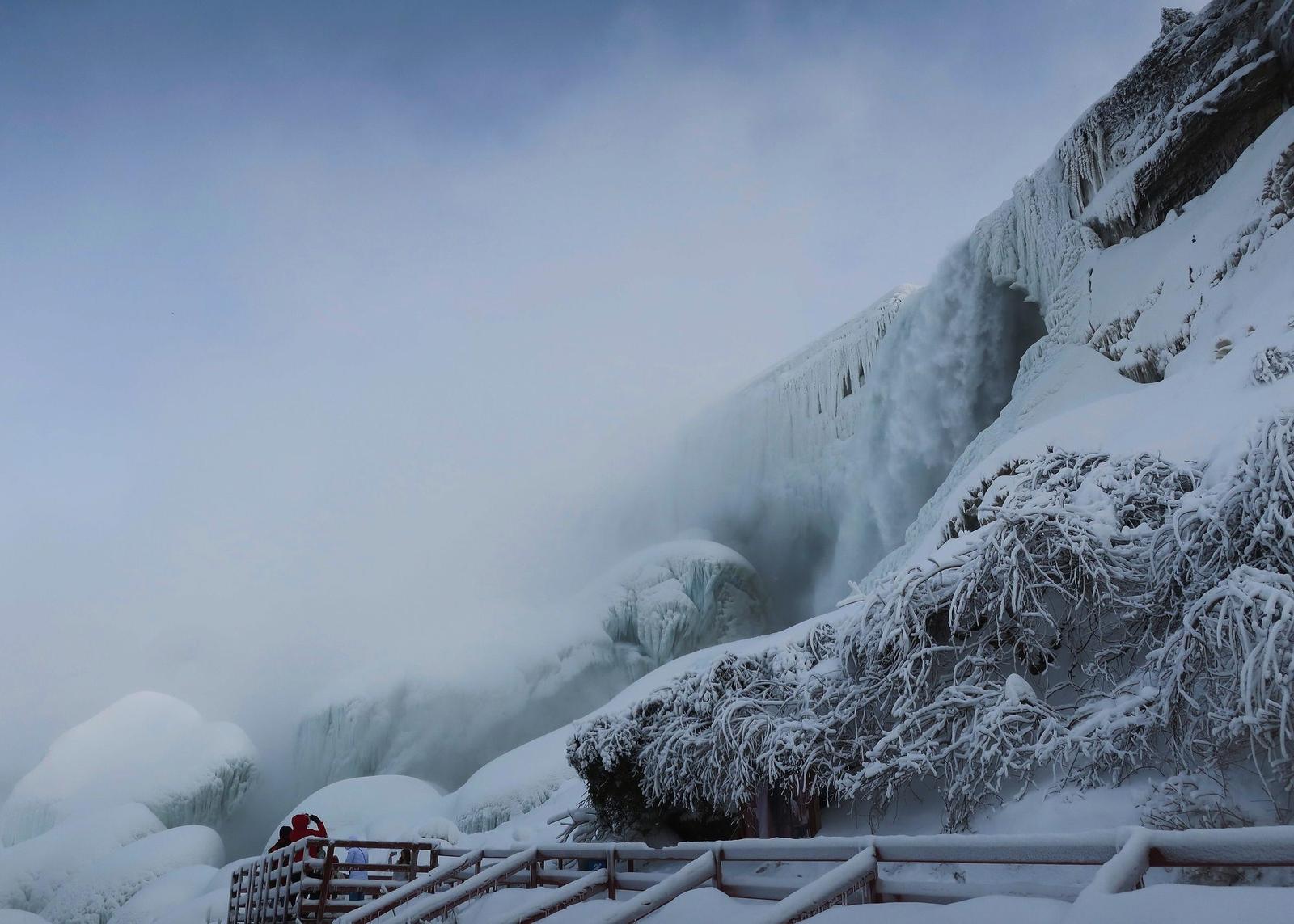Icy Bridal Veil Falls from the Cave of the Winds deck, Niagara Falls, New York