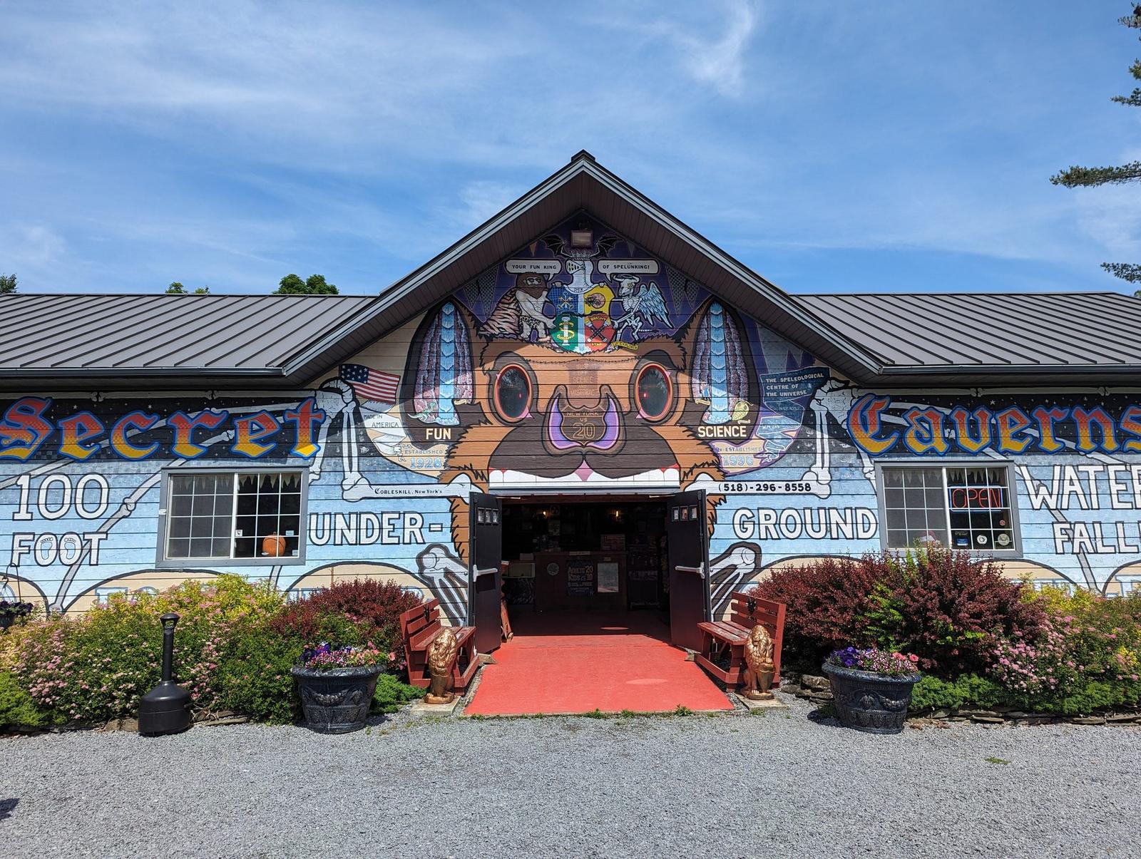The painted entrance building at Secret Caverns, New York